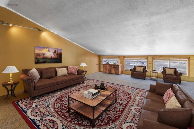 carpeted living room with a textured ceiling and lofted ceiling