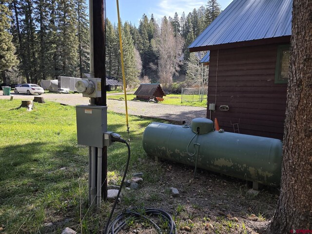 details with electric meter, metal roof, and heating fuel