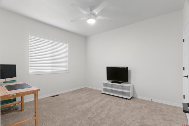 2305 Mountain Pines Dr, Montrose, CO 81401 - office area featuring baseboards, carpet flooring, ceiling fan, and visible vents