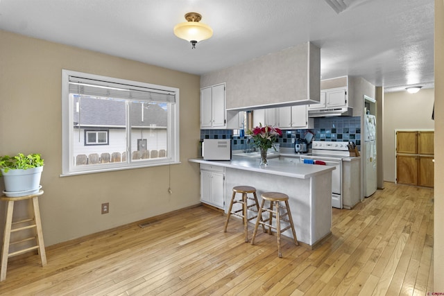 801 S Nevada Ave, Montrose, CO 81401 - kitchen with tasteful backsplash, a peninsula, under cabinet range hood, white appliances, and white cabinets