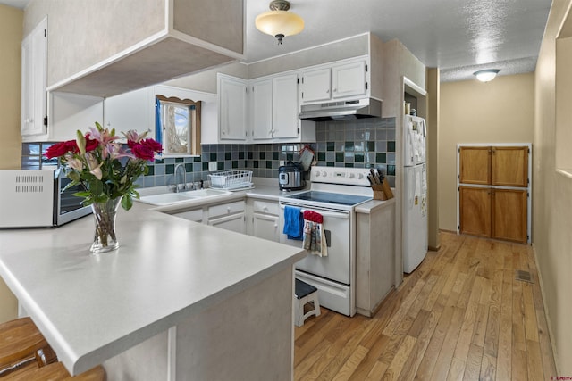 801 S Nevada Ave, Montrose, CO 81401 - kitchen featuring light countertops, a sink, a peninsula, under cabinet range hood, and white appliances