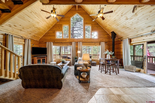 1838 Beaver Creek Dr, Bayfield, CO 81122 - living area with wooden walls, wooden ceiling, and a wood stove