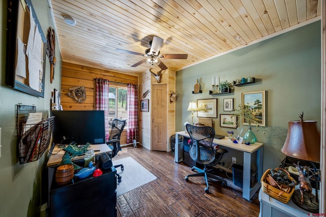 1838 Beaver Creek Dr, Bayfield, CO 81122 - office with wood ceiling, wood finished floors, and a ceiling fan