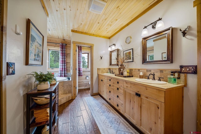 1838 Beaver Creek Dr, Bayfield, CO 81122 - full bath featuring double vanity, a sink, wooden ceiling, and hardwood / wood-style flooring