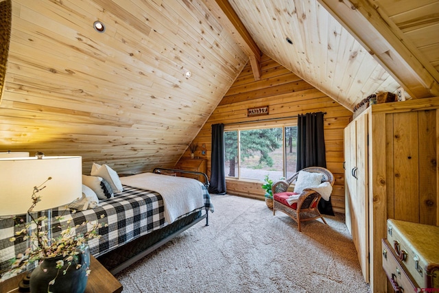 1838 Beaver Creek Dr, Bayfield, CO 81122 - bedroom featuring lofted ceiling with beams, wooden ceiling, wood walls, and carpet