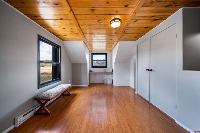 bonus room with a wealth of natural light, wood ceiling, and wood finished floors