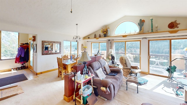 living room featuring baseboards, light colored carpet, and lofted ceiling