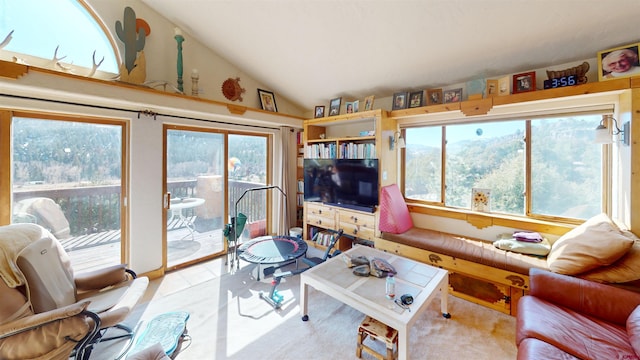 carpeted living room featuring vaulted ceiling