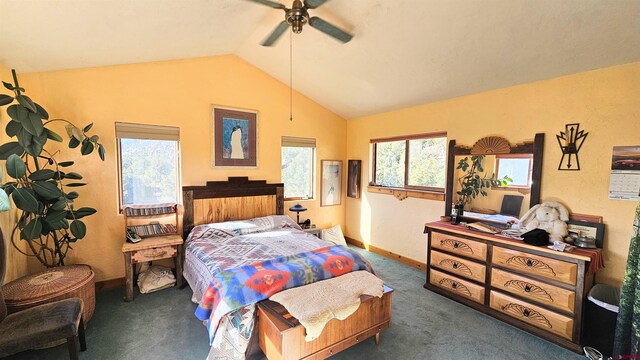 bedroom with lofted ceiling, baseboards, a ceiling fan, and carpet floors