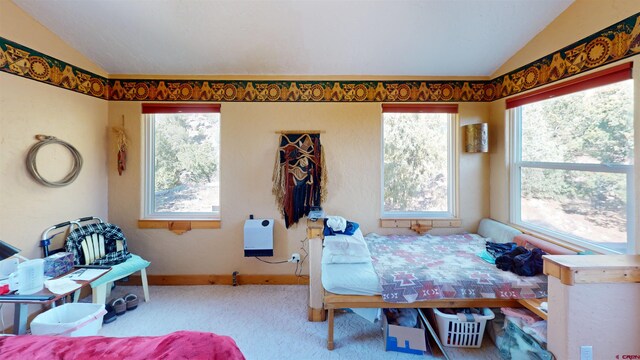 carpeted bedroom with baseboards and lofted ceiling