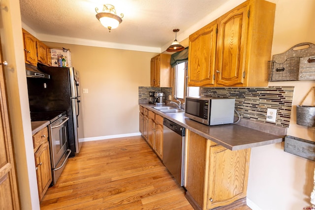 107 Shavano Dr Unit A1, Gunnison, CO 81230 - kitchen with light wood-style floors, under cabinet range hood, a sink, stainless steel appliances, and decorative backsplash
