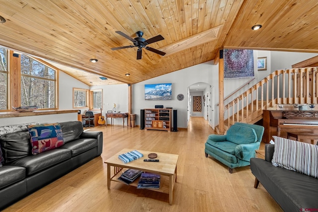 89 Hermosa View Dr, Durango, CO 81301 - living room with lofted ceiling, wooden ceiling, arched walkways, wood finished floors, and a ceiling fan