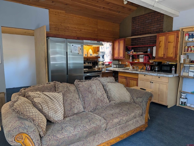 407 Simmons Dr, Pagosa Springs, CO 81147 - kitchen featuring dark carpet, under cabinet range hood, light countertops, lofted ceiling, and stainless steel appliances