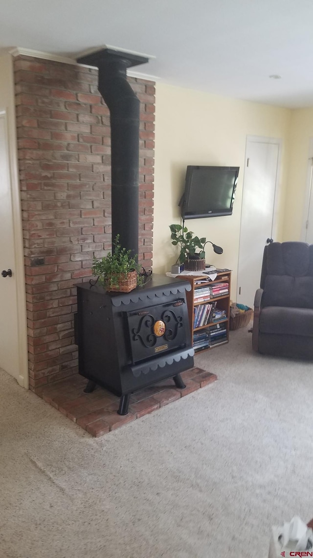 living room with a wood stove and carpet floors