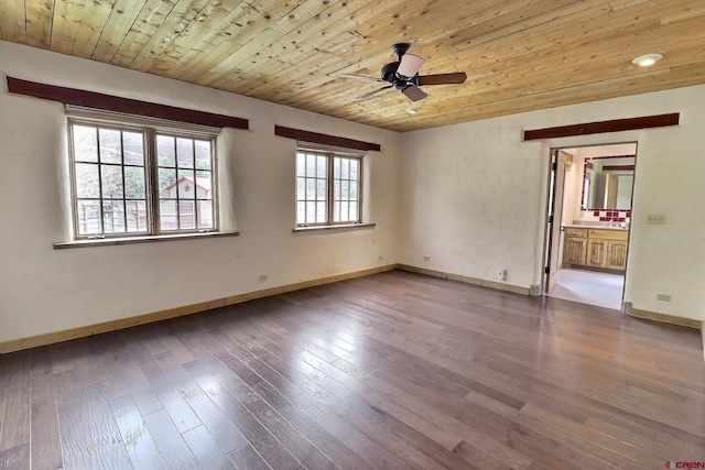 empty room with wood-type flooring, wood ceiling, baseboards, and ceiling fan