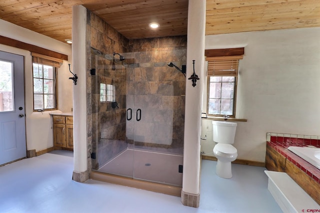 full bathroom with concrete floors, baseboards, a shower stall, and wood ceiling