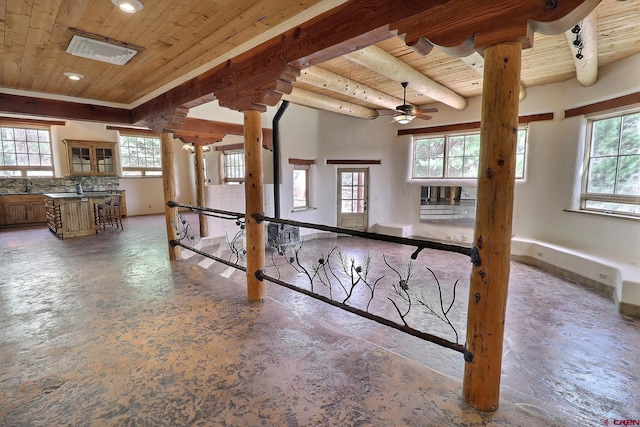 interior space with a ceiling fan, recessed lighting, and wood ceiling