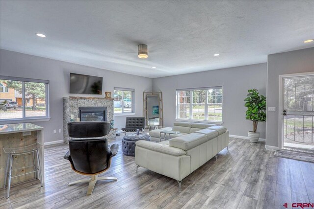 80 Cleek Ct, Pagosa Springs, CO 81147 - living room featuring baseboards, recessed lighting, wood finished floors, and a fireplace