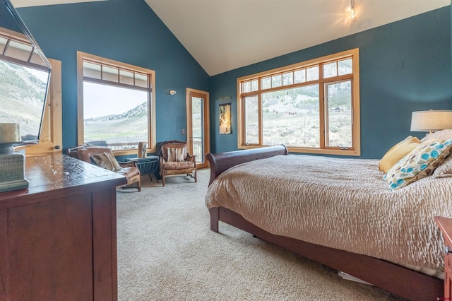 138 Silver Sage Dr, Crested Butte, CO 81224 - carpeted bedroom featuring high vaulted ceiling, access to exterior, and multiple windows