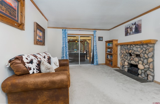 carpeted living room with baseboards, ornamental molding, and a fireplace