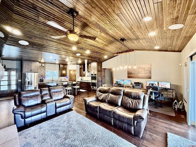 living room with wood ceiling, lofted ceiling, a ceiling fan, and dark wood-type flooring