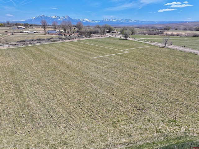 birds eye view of property featuring a mountain view and a rural view