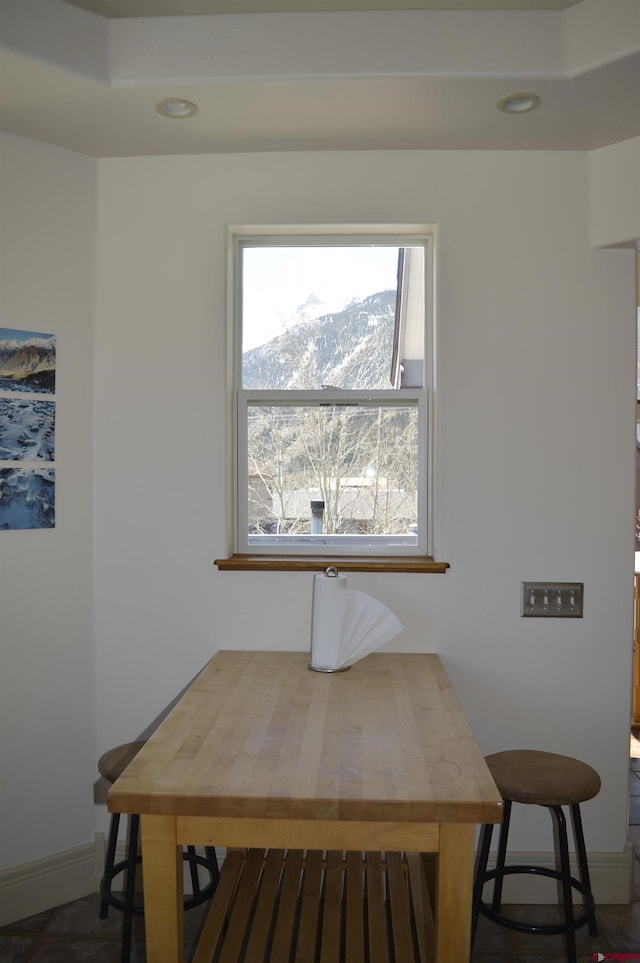 1125 Cement St, Silverton, CO 81433 - dining room featuring baseboards, a mountain view, and recessed lighting