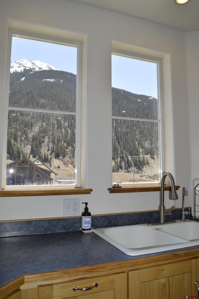 1125 Cement St, Silverton, CO 81433 - kitchen featuring a mountain view, a sink, healthy amount of natural light, and a view of trees