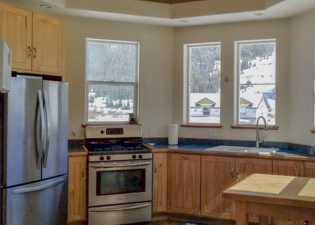 1125 Cement St, Silverton, CO 81433 - kitchen with stainless steel appliances, a sink, dark countertops, and recessed lighting