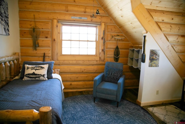 bedroom with wood ceiling, vaulted ceiling, and log walls