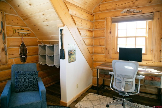 office area featuring wood ceiling, vaulted ceiling, rustic walls, and wood finished floors