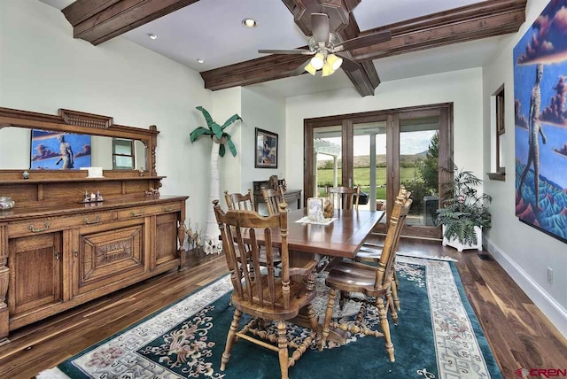 3575 E Rd, Palisade, CO 81526 - dining space with a ceiling fan, dark wood-style flooring, french doors, and beamed ceiling