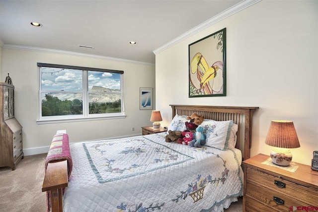3575 E Rd, Palisade, CO 81526 - bedroom featuring recessed lighting, visible vents, ornamental molding, baseboards, and carpet flooring