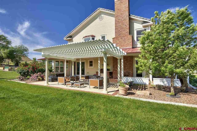 3575 E Rd, Palisade, CO 81526 - rear view of house featuring a pergola, an outdoor living space, a lawn, a chimney, and a patio