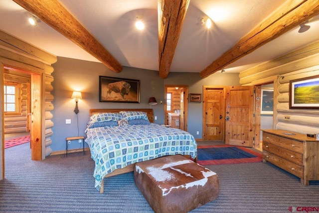 carpeted bedroom with baseboards, beamed ceiling, and log walls