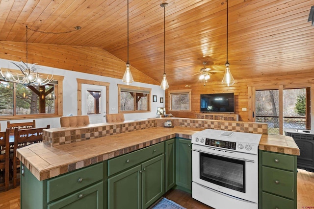 kitchen featuring lofted ceiling, electric stove, green cabinets, wood ceiling, and open floor plan