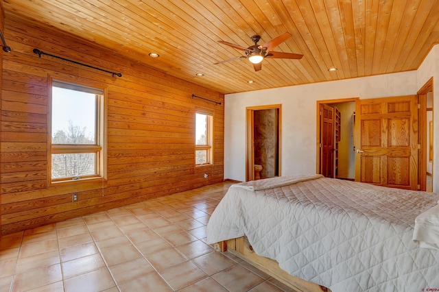bedroom featuring light tile patterned flooring, wooden ceiling, and recessed lighting