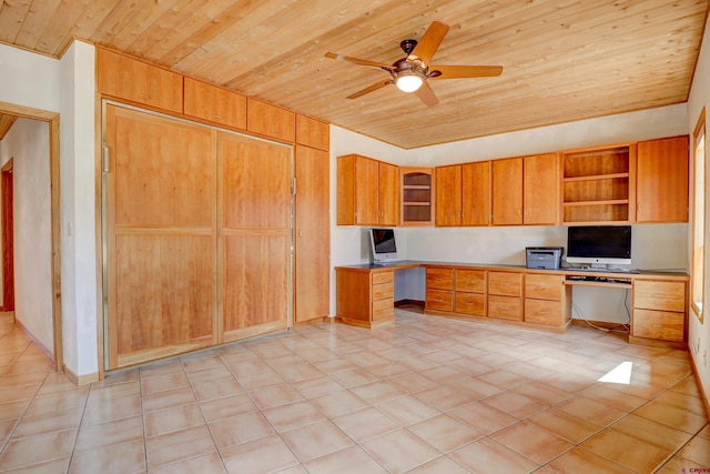 unfurnished office featuring wood ceiling, built in desk, and ceiling fan
