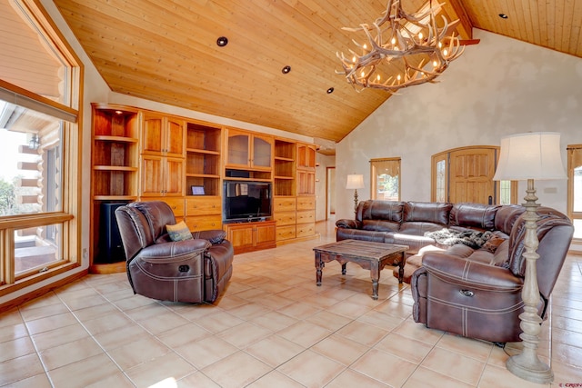 living area featuring wood ceiling, high vaulted ceiling, a chandelier, and a healthy amount of sunlight