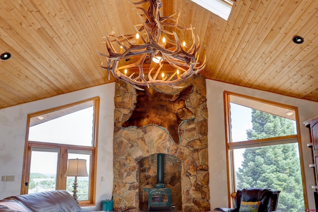 living room featuring wooden ceiling, a wealth of natural light, and a chandelier