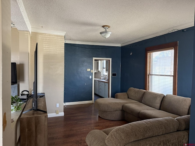 living room featuring baseboards, crown molding, wood finished floors, and a textured ceiling