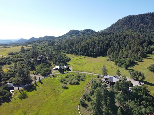 aerial view featuring a wooded view and a mountain view