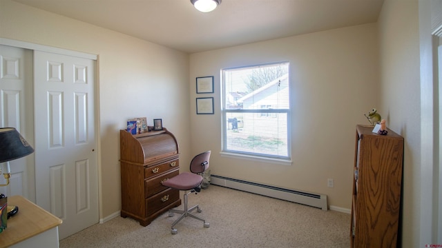 home office featuring baseboard heating, light carpet, and plenty of natural light