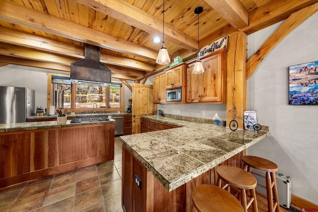 kitchen featuring wood ceiling, stainless steel appliances, beam ceiling, tile countertops, and premium range hood