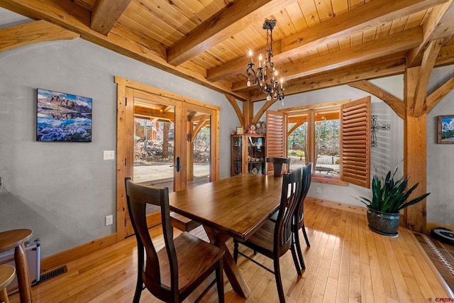 dining area with light wood-style flooring, beamed ceiling, a chandelier, wooden ceiling, and french doors