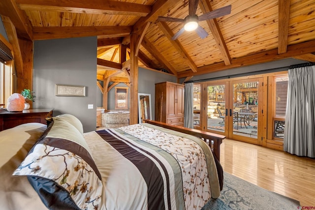 bedroom with lofted ceiling with beams, access to outside, wood ceiling, french doors, and hardwood / wood-style flooring