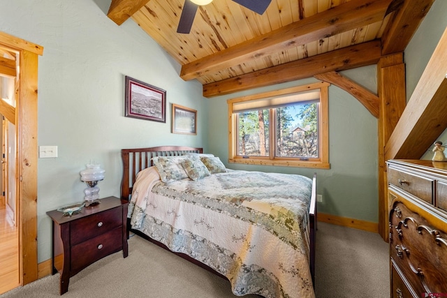 bedroom with beamed ceiling, wooden ceiling, carpet floors, and baseboards