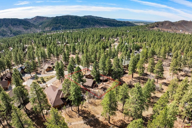 aerial view featuring a mountain view and a view of trees