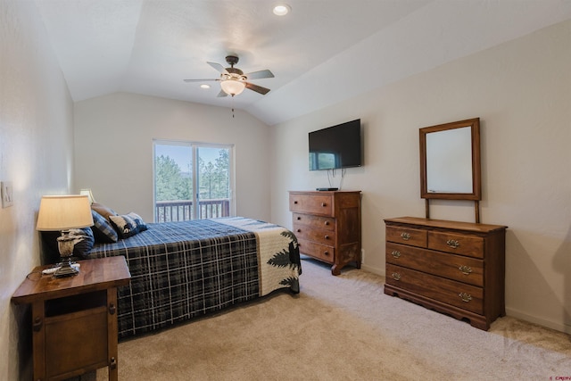 85 Mclain Ct, Pagosa Springs, CO 81147 - bedroom featuring light colored carpet, ceiling fan, lofted ceiling, and access to outside