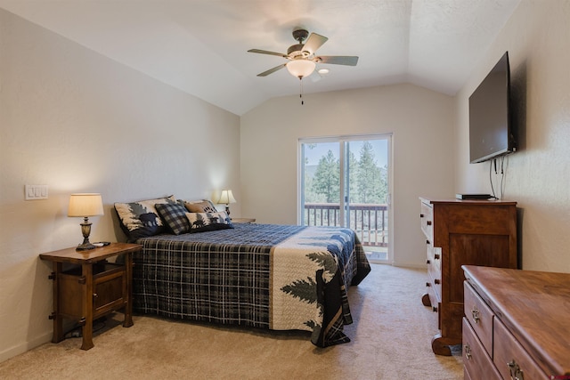 85 Mclain Ct, Pagosa Springs, CO 81147 - bedroom featuring access to outside, baseboards, light carpet, and lofted ceiling